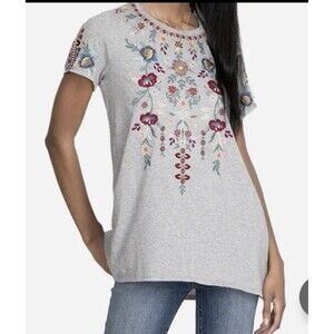 Johnny Was Nya A Line Short Sleeve Large Floral Embroidered Boho XXS  Gray